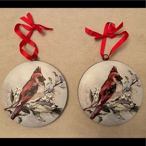 Large Ceramic Christmas Cardinal Ornaments, Set of 2, Red Ribbon Hook